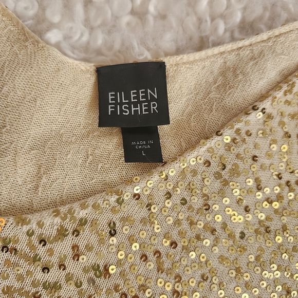 Eileen Fisher 80% Silk Cotton Sz L Vintage Gold Sequin V-Neck Top Party Evening - Picture 9 of 16